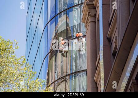Deux hommes qui s'abattaient ou descendent et travaillent sur un mur de rideau de verre à l'extérieur d'une nouvelle tour de bureaux à plusieurs étages à Sydney, en Australie Banque D'Images