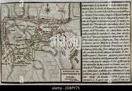 Batalla de Chotzemitz, en Bohême. Tuvo lugar el 18 de junio de 1757, durante la Guerra de los Siete Años. Se frentaron las tropas prusianas del rey Federico II contra el ejército austríaco del mariscal Daun. Grabado publicado en 1765 por el cartógrafo Jean de Beaurain (1696-1771) como ilustración de su Gran mapa de Alemania, con los eventos que tuvieron lugar durante la Guerra de los Siete Años. Guerra de 1755 a 1763. Edición francesa, 1765. Bibioteca Histórico Militar de Barcelone. Catalogne, Espagne. Banque D'Images