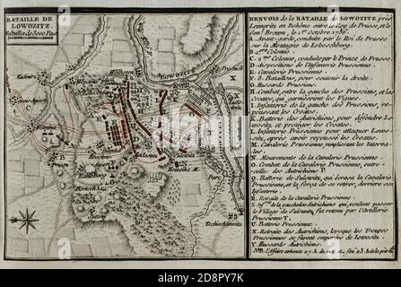 Batalla de Lobositz o de Lovosice. Con ella dió comienzo al conflicto conocido como Guerra de los Siete Años. Tuvo lugar el 1 de octubre de 1756, frentando al ejército de Prusia liderado por Federico II de Prusia, contra un ejército austríaco dirigido por el mariscal conde Maximilian Ulysses Browne. Los prusianos evitaron que los austríacos lograran reforzar a sus aliados sajones asediados en el Pirna. Grabado publicado en 1765 por el cartógrafo Jean de Beaurain (1696-1771) como ilustración de su Gran mapa de Alemania, con los eventos que tuvieron lugar durante la Guerra de Los Siete Años. G Banque D'Images