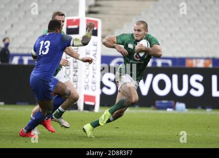 Jacob Stockdale d'Irlande pendant la Guinness six Nations 2020, match de rugby entre la France et l'Irlande le 31 octobre 2020 au Stade de France C. Banque D'Images