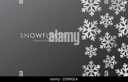 Illustration de flocons de neige argentés faite de particules brillantes sur fond gris foncé en métal avec emplacement pour la copie, motif de couverture Illustration de Vecteur