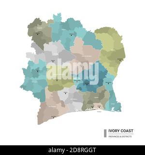 Carte détaillée du higt de la Côte d'Ivoire avec subdivisions. Carte administrative de Côte d'Ivoire avec le nom des districts et des villes, coloré par les Etats et administrativ Illustration de Vecteur