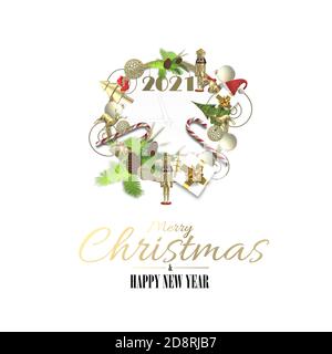 Motif de Noël avec symboles Noël et chiffre 2021 sur fond blanc. Ensemble de symboles Noël de couleur rouge or sur blanc. Texte doré Joyeux Noël Bonne Année. Illustration 3D Banque D'Images