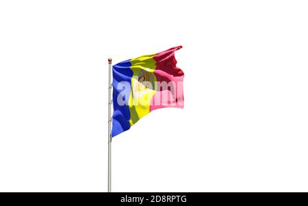 Magnifique drapeau national d'Andorre sur fond blanc. Gros plan isolé de Kiribati drapeau d'œuvres d'art 3D. Banque D'Images