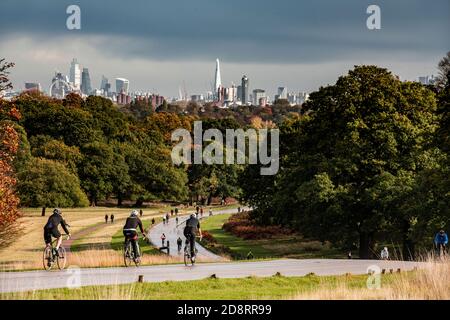 Vélo dans le parc Richmond avec une toile de fond de la ville De Londres Banque D'Images