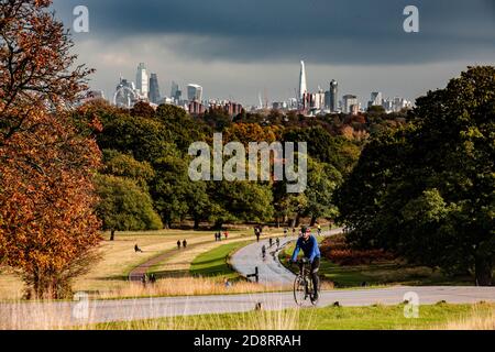 Vélo dans le parc Richmond avec une toile de fond de la ville De Londres Banque D'Images