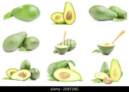 Ensemble d'avocats verts isolés sur un fond blanc découpe Banque D'Images