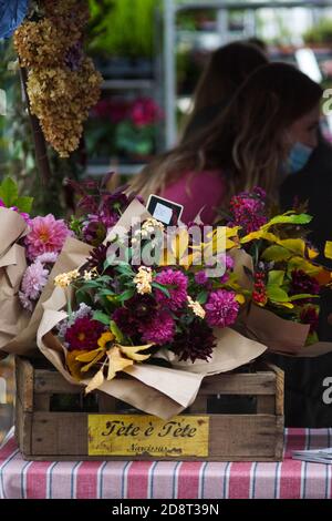 Londres, Royaume-Uni. 1er novembre 2020. Chiswick détient le deuxième marché floral avec des précautions covid. Plantes, fleurs et livres de jardinage en preuve au marché des fleurs qui se déverse dans Devonshire Road. Le conseiller Ron Mushiso est bénévole en tant que délégué dirigeant le système de voies de circulation. Masques et assainisseur disponibles à l'entrée. Crédit : Peter Hogan/Alay Live News Banque D'Images