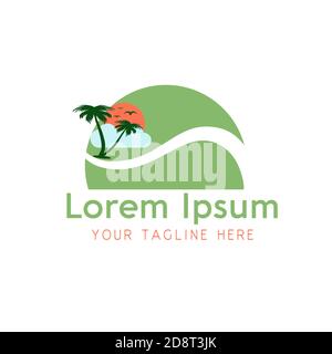 Coucher de soleil et paysage et vacances d'été île logo de plage. Illustration de Vecteur