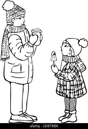 Illustration vectorielle homme avec boisson chaude et enfant avec crème glacée dans des vêtements chauds. Motif d'illustration de la saison d'hiver. Illustration de Vecteur