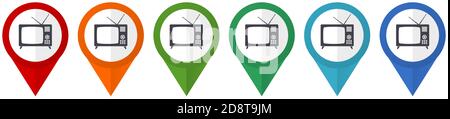 Téléviseur rétro, téléviseur et pointeurs vectoriels d'écran vidéo, ensemble d'icônes plates colorées isolées sur fond blanc Illustration de Vecteur