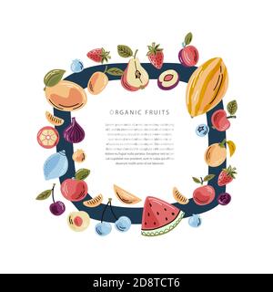 Fruits vectoriels en composition carrée avec espace pour le texte. Une illustration lumineuse d'aliments frais sains. Éléments de conception isolés. Illustration de Vecteur