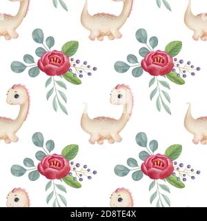 Motif aquarelle sans couture avec un joli dinosaure et un bouquet sur fond clair. Illustration amusante pour enfants. Idéal pour le textile des enfants. Banque D'Images