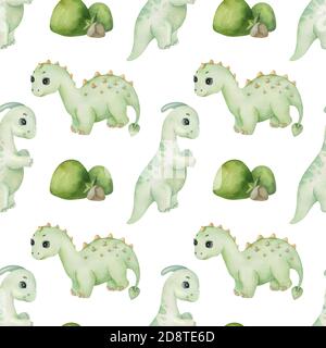 Motif aquarelle sans coutures avec de jolis dinosaures et un hilalock vert sur le fond clair. Illustration amusante pour enfants. Idéal pour les textiles pour enfants. Banque D'Images