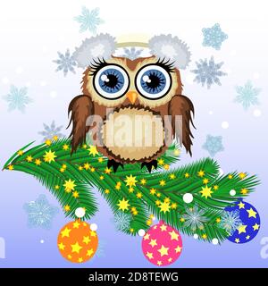 Joli cartoon owl enchevêtré dans une guirlande de lumière rougeoyante ampoules sur une branche d'épinette décoré de boules, de guirlandes. Carte de Noël Illustration de Vecteur