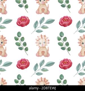 Motif aquarelle sans couture avec adorable dinosaure et composition florale sur fond clair. Illustration amusante pour enfants. Idéal pour le textile des enfants. Banque D'Images