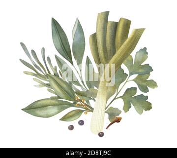 Composition végétale aquarelle avec herbes, poireaux et poivre noir. Une illustration lumineuse d'aliments frais sains. Idéal pour les cartes de vœux et les invitations. Banque D'Images