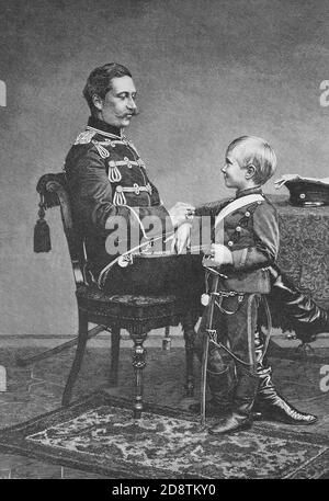Guillaume de Prusse, l'empereur Guillaume II, et son fils aîné le prince Friedrich Wilhelm Victor August Ernst, prince héritier de l'Empire allemand et de la Prusse, né en 1882 / Wilhelm von Preußen, der Kaiser Wilhelm II, und sein ältester Sohn Prinz Friedrich Wilhelm Victor August Ernst, Kronprinz des Deutschen Reiches und von Preußen, geboren 1882, Historisch, historique, numérique reproduction améliorée d'un original du 19ème siècle / digitale Reproduktion einer Originalvorlage aus dem 19. Jahrhundert Banque D'Images