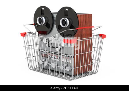 Magnétophone bobine à bobine à l'intérieur du panier, rendu 3D isolé sur fond blanc Banque D'Images
