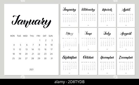Planificateur de calendrier vectoriel pour 2021 ans avec lettrage et gribouillages dessinés à la main. Ensemble de 12 mois. La semaine commence le lundi. Conception de papeterie. Objets isolés Illustration de Vecteur