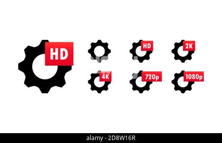 Ensemble d'icônes de qualité vidéo Symbol HD, Full HD, 2K, 4K, 720p, 1080p. Engrenages avec signe de qualité. Icône de résolution d'affichage haute définition standard. Écran de télévision Illustration de Vecteur