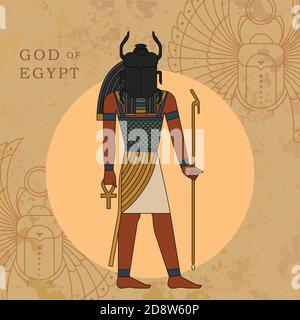L'ancien dieu égyptien du soleil levant dépeint sur le fond d'un dessin linéaire d'un scarabée et d'un papyrus. SPE 10 Illustration de Vecteur
