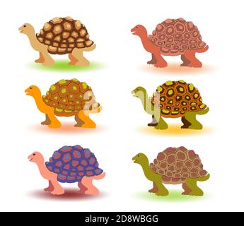Bande dessinée tortue. Six. Petites tortues multicolores, couleurs modernes. Ensemble de vecteurs. Une collection de reptiles aquatiques et terrestres mignons et amicaux. Marine Illustration de Vecteur
