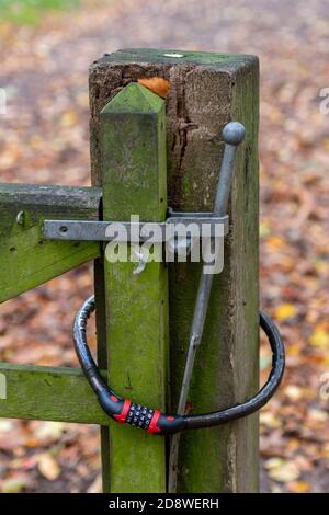 un loquet à ressort avec cadenas à combinaison pour la sécurité et la moisissure verte et les algues sur le bois de la porte et du poteau. Banque D'Images