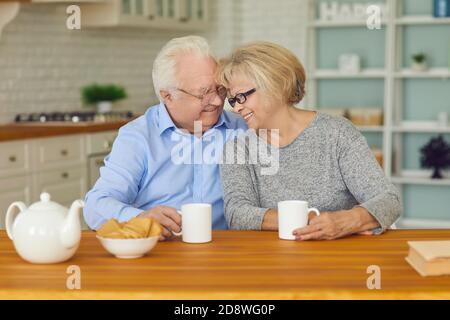 Joyeux couple d'âge mûr souriant, prenant un thé chaud tout en passant du temps ensemble à la maison Banque D'Images