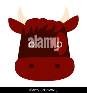 Mignon drôle dessin animé visage de taureau. Symbole du nouvel an 2021, isolé sur fond blanc. Illustration de Vecteur