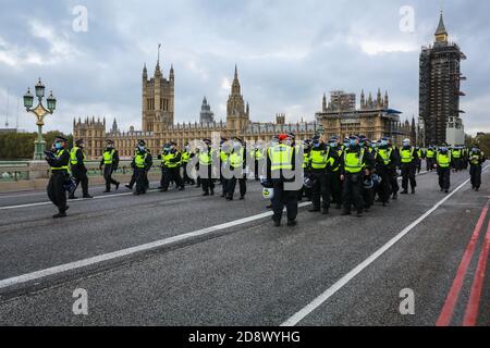 Londres, Royaume-Uni. 24 octobre 2020. Beaucoup de policiers lors d'une manifestation contre les restrictions de la COVID-19 sur le pont de Westminster. Crédit: Waldemar Sikora Banque D'Images