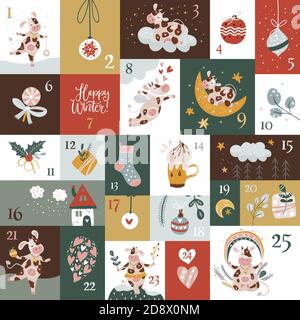 Calendrier de l'Avent de dessin animé mignon avec les animaux de vache drôle, et des signes pour 25 jours. Calendrier de l'AVENT dynamique pour les enfants. Calendrier carré avec décor du nouvel an. Carte de voeux pour enfant de Noël avec illustrations amusantes. Illustration de Vecteur