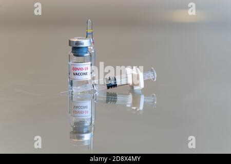 Un flacon fermé du vaccin contre le coronavirus COVID-19 avec une seringue sur la droite et l'extrémité de l'aiguille à l'avant - 093 Banque D'Images