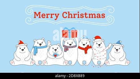 Carte de vœux de Noël, ours polaires de dessin animé en rangée. Mammifères animaux du nouvel an avec chapeau rouge, cadeau, balles ou guirlande. Adorable ours en forme de coolé dessiné à la main. Les animaux amusants célèbrent l'hiver Illustration de Vecteur