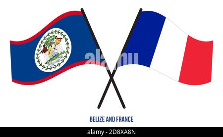 Belize et France drapeaux croisés et ondulant le style plat. Proportion officielle. Corriger les couleurs. Illustration de Vecteur