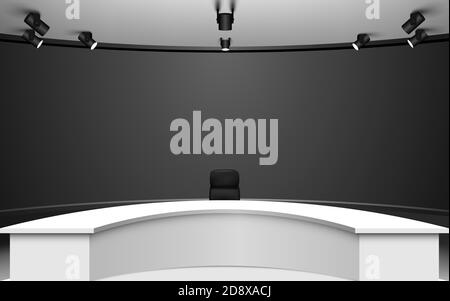 table et chaises blanches avec des informations de dernière minute en direct sur fond lcds dans la salle de studio de nouvelles Illustration de Vecteur
