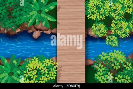 pont en bois topview sur la rivière dans la forêt Illustration de Vecteur