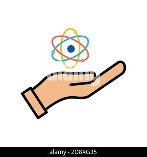 Symbole plat scientifique. Main avec icône plate Atom. Vecteur de modèle de conception Illustration de Vecteur