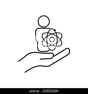 Symbole de ligne scientifique. Icône People and Hand line avec Atom. Vector Illustration de Vecteur