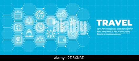 Voyage et tourisme fond bleu avec icônes et signes Illustration de Vecteur