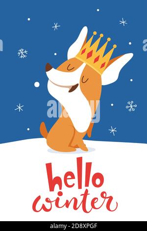 Carte Hello Winter avec un chiot corgi mignon Illustration de Vecteur