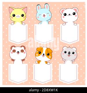 Ensemble de poche mignon personnages de dessin animé. Bébé collection d'animaux kawaii dans des poches. Imprimé piments avec chat, lapin, ours polaire, panda, chien et koala FO Illustration de Vecteur