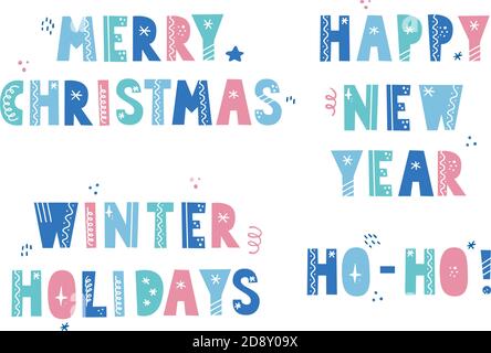 Jeu de caractères de style scandinave avec éléments de noël, flocon de neige, étoile, ligne. Texte des fêtes de Noël. Lettre de couleur. Illustration de Vecteur