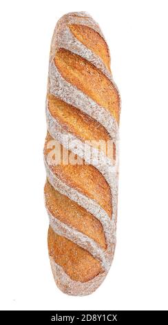 Baguette de pain fraîchement cuite isolée sur fond blanc, vue de dessus. Concept alimentaire. Banque D'Images