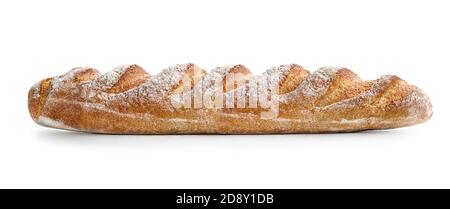 Baguette de pain fraîchement cuite isolée sur fond blanc, vue de dessus. Concept alimentaire. Banque D'Images