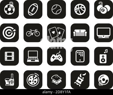 Mans Favourite Activities Icons White on Black Flat Design Set Grande Illustration de Vecteur