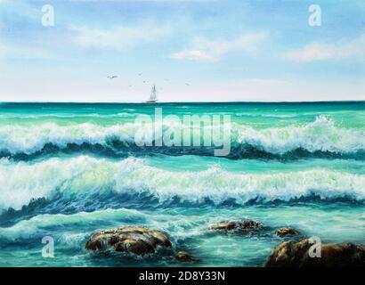 Peinture à l'huile originale de l'océan, navire et falaises sur toile.Impressionnisme moderne Banque D'Images