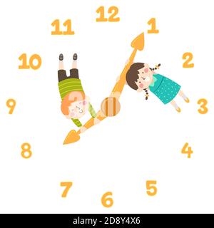 Illustration des enfants qui tiennent les mains de l'horloge et qui sourient Banque D'Images