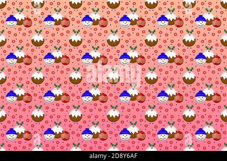 Illustration de poudings de Noël, boules rouges et bonhomme de neige avec des points de polka sur un fond rouge pâle. Banque D'Images