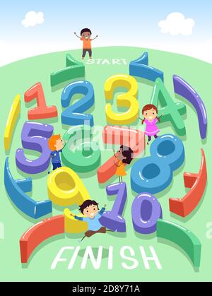 Illustration d'Stickman Kids jouant à travers un maze Puzzle Made De nombres Banque D'Images